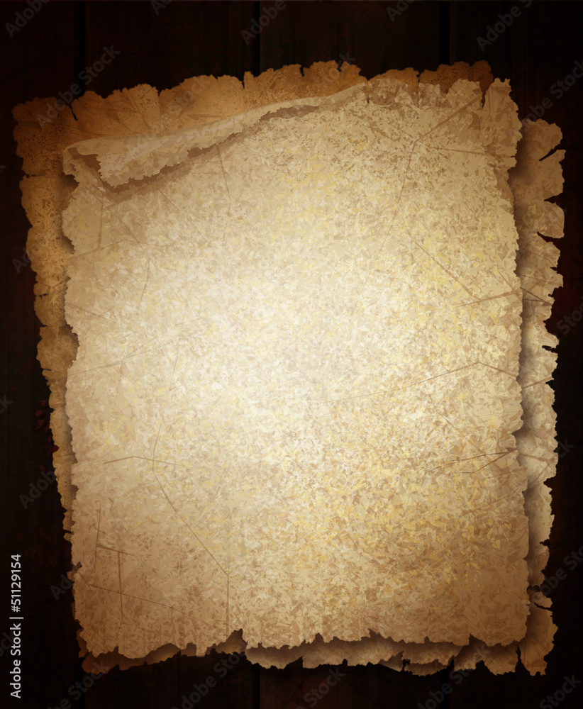 Illustration of old crumpled papers on dark wooden background.