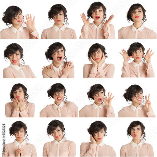 Collage of woman different facial expressions