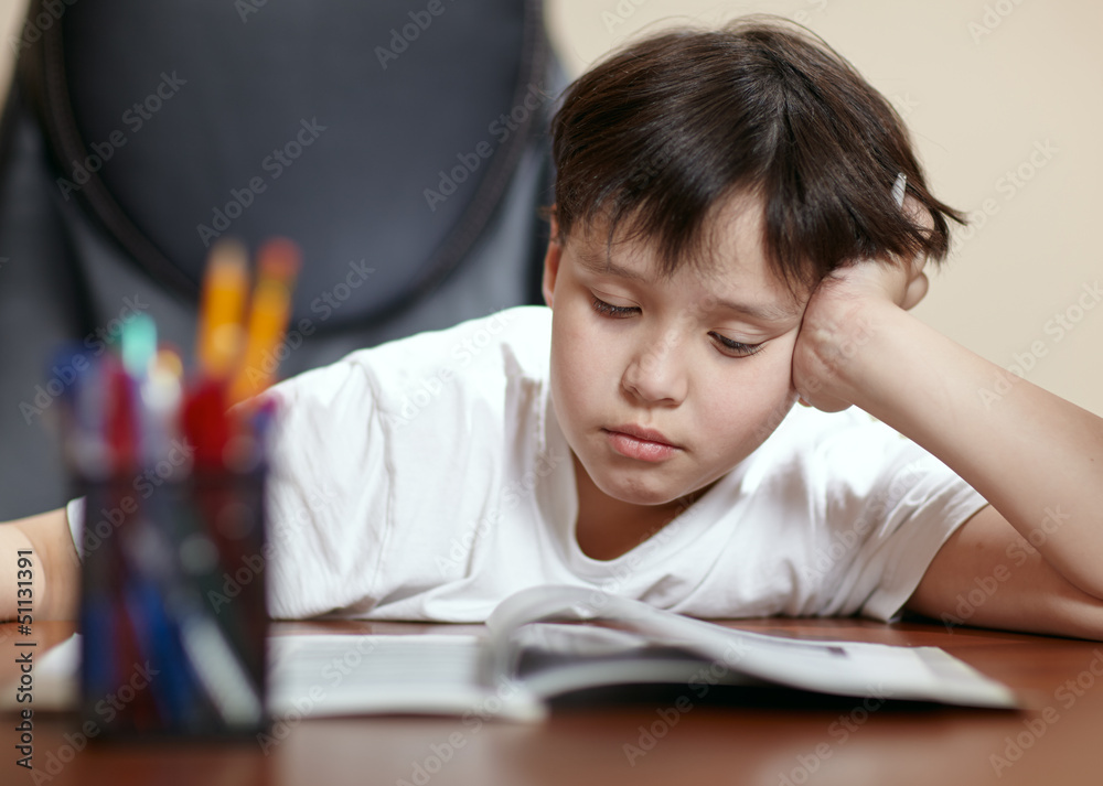 School boy studies hard over his book at home. School boy studies hard over his book at home.