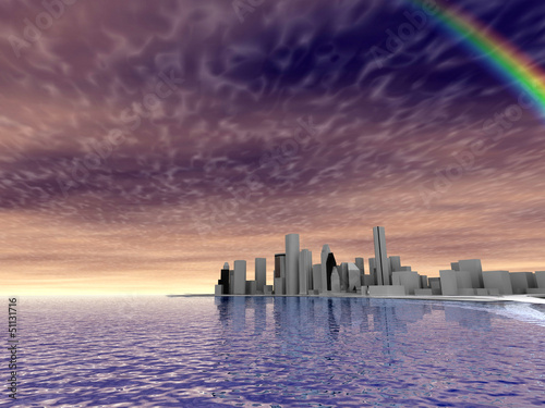 3D abstract modern city on beautiful seascape with rainbow © PhotoStocker