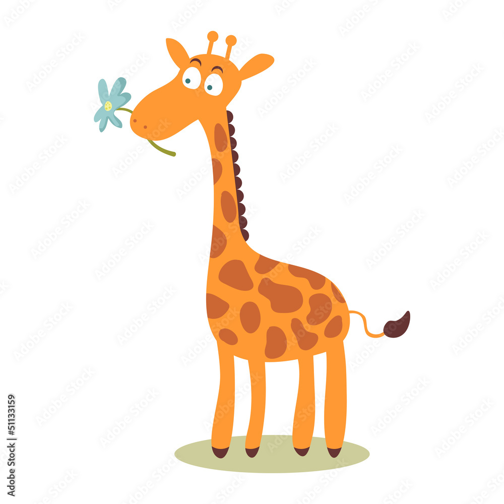 Fototapeta premium Card with cute giraffe holding a flower