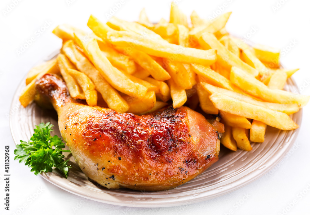 roasted chicken leg with fries potato roasted chicken leg with fries potato