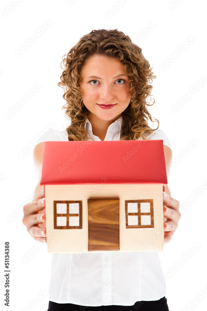 Woman holding model of house isolated on white Woman holding model of house isolated on white