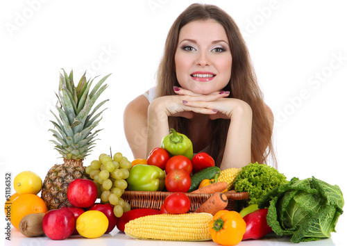 Beautiful woman with vegetables and fruits