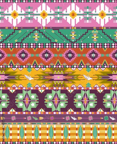 Seamless colorful aztec geometric pattern with birds and arrows
