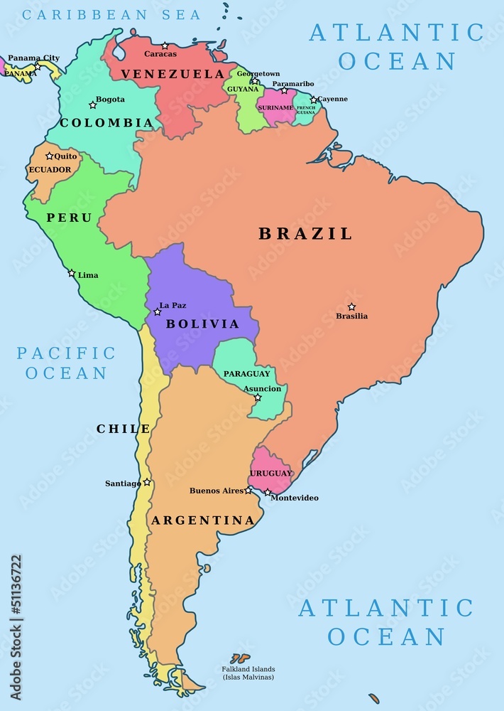 South America - colorful political vector map