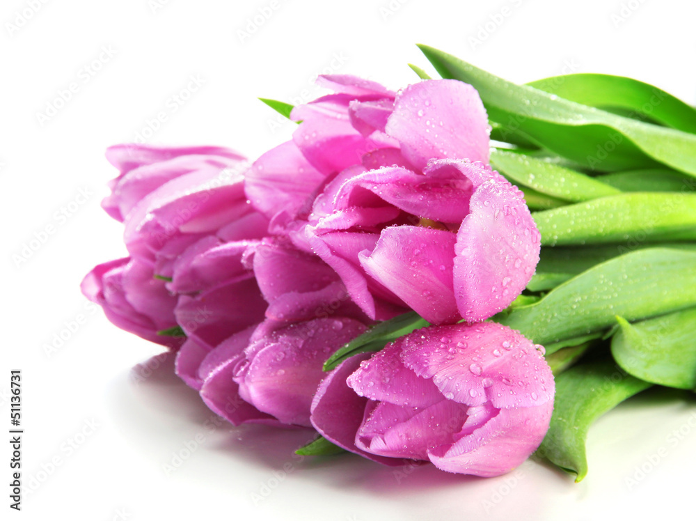 Beautiful bouquet of purple tulips, isolated on white Beautiful bouquet of purple tulips, isolated on white