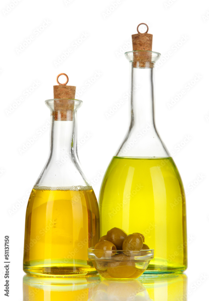 Original glass bottles with salad dressing isolated on white