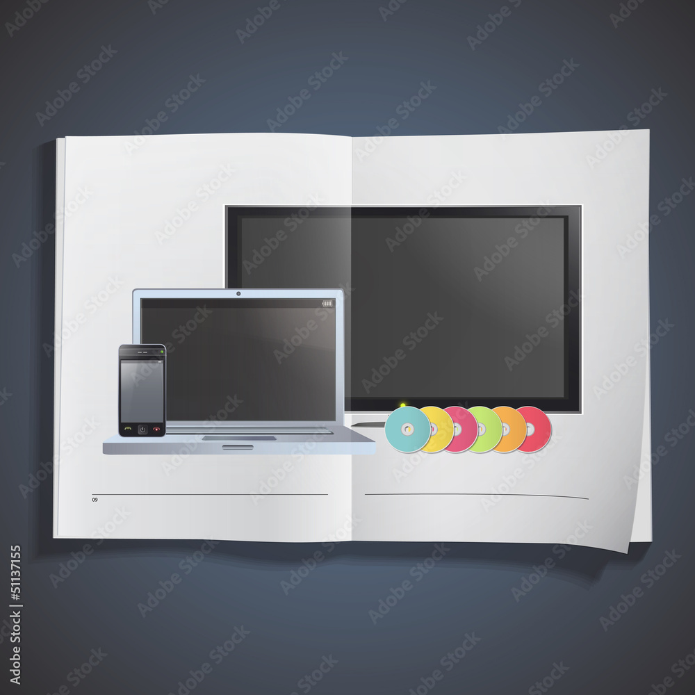 Set of TV, computer, CD and phone inside a book. Set of TV, computer, CD and phone inside a book.