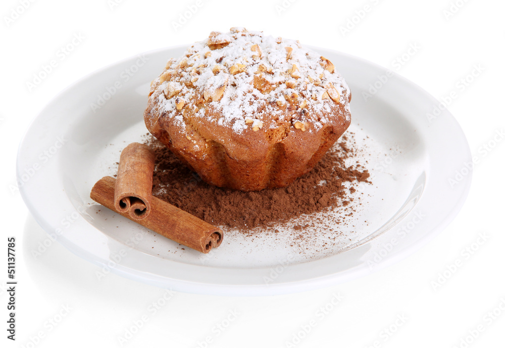 Tasty muffin cake with powdered sugar and cocoa Tasty muffin cake with powdered sugar and cocoa