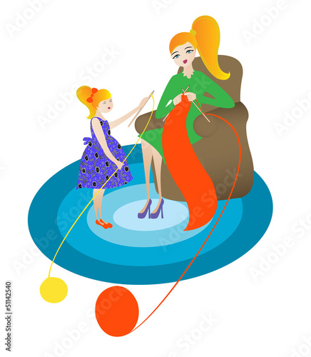 mother and her daughter  knitting at home  vector