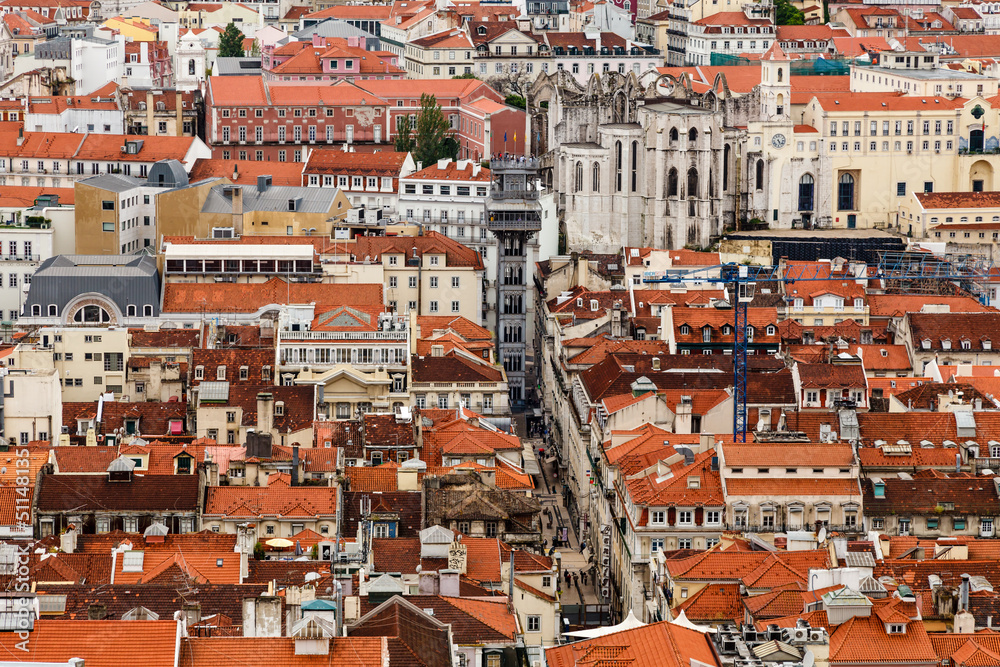 Aerial View on Lisbon and Santa Justa Lift from Above, Portugal