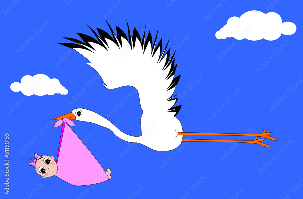 cicogna in volo con neonata femmina Stock Vector
