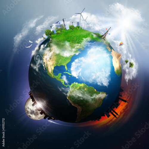 Earth with different elements on its surface and big heart of cl