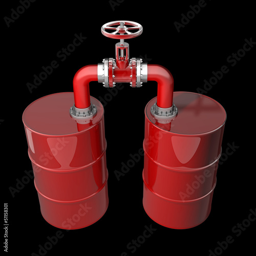 Two red oil barrels with valve isolated on black background 3D High resolution