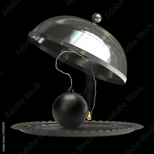 open empty metal silver platter or cloche with Cannonball bomb isolated on black background 3d render