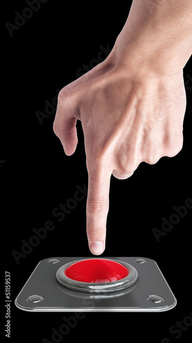 hand press on big Red button isolated on black background