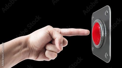 hand press on big Red button isolated on black background