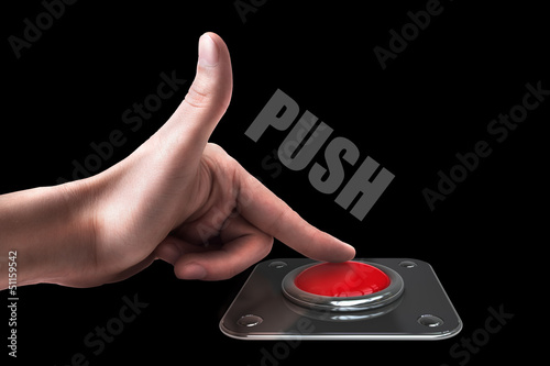 hand press on big Red button isolated on black background