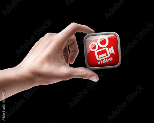 Man's hand holding FAQ APPS icons isolated on black background