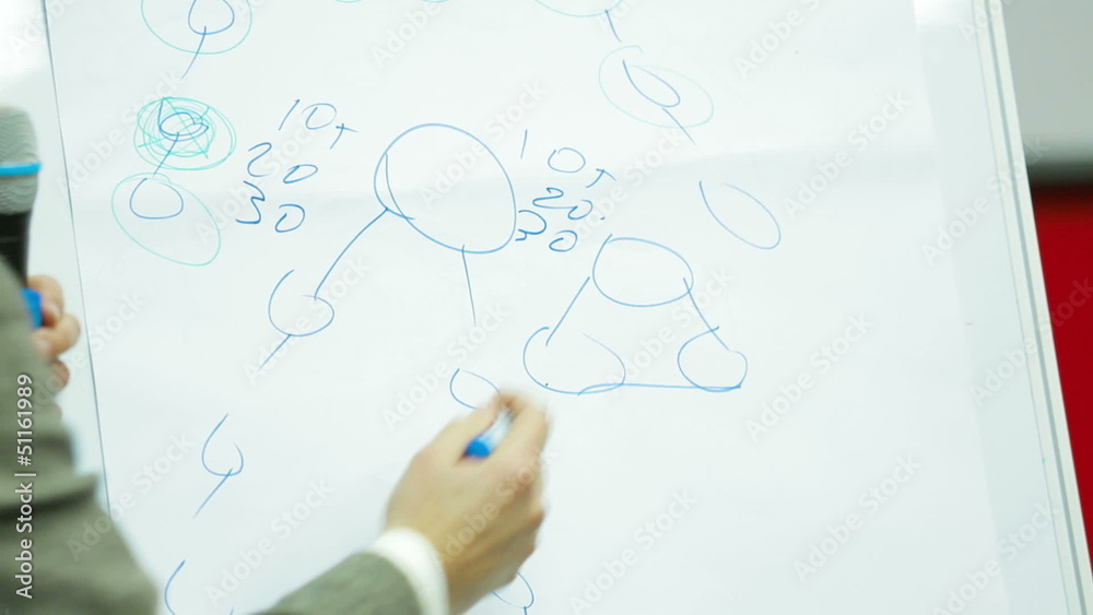 Lecturer drawing a scheme on a board during a meeting. Close-up Lecturer drawing a scheme on a board during a meeting. Close-up
