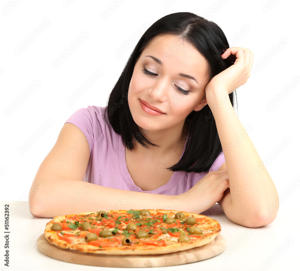 Beautiful girl wants to eat pizza isolated on white