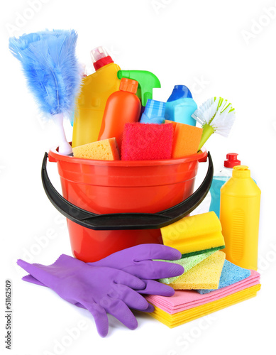 Cleaning items in bucket isolated on white