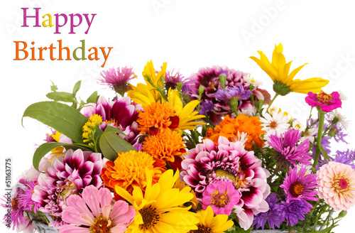 Fototapeta Naklejka Na Ścianę i Meble -  beautiful bouquet of bright flowers in basket isolated on white