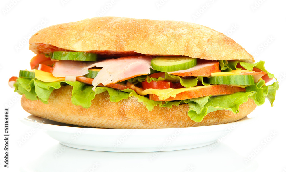 Fresh and tasty sandwich with ham and vegetables isolated Fresh and tasty sandwich with ham and vegetables isolated