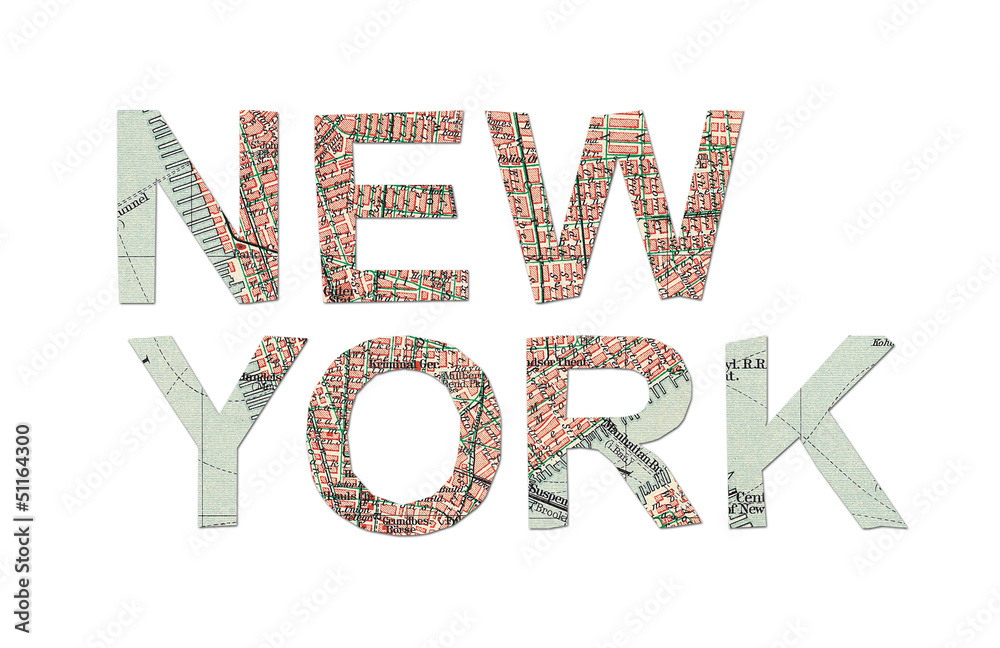 New York words cut from an old scanned 1908 map New York words cut from an old scanned 1908 map