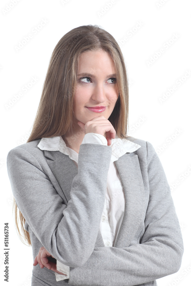 Beautiful blonde businesswoman smiling and thinking Beautiful blonde businesswoman smiling and thinking