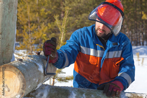 Worker in blue overalls mounts support power lines