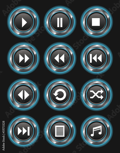 Blue Glowing Metallic Media Buttons