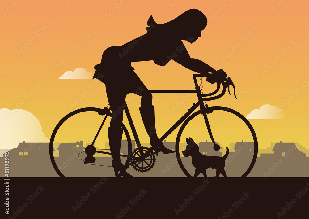 Frau mit Rennrad und Hund Stock Vector | Adobe Stock