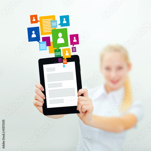 woman holding a tablet pc