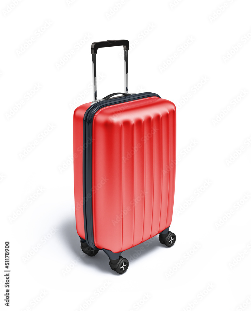 Red Travel suitcase on wheels, on white background. Red Travel suitcase on wheels, on white background.