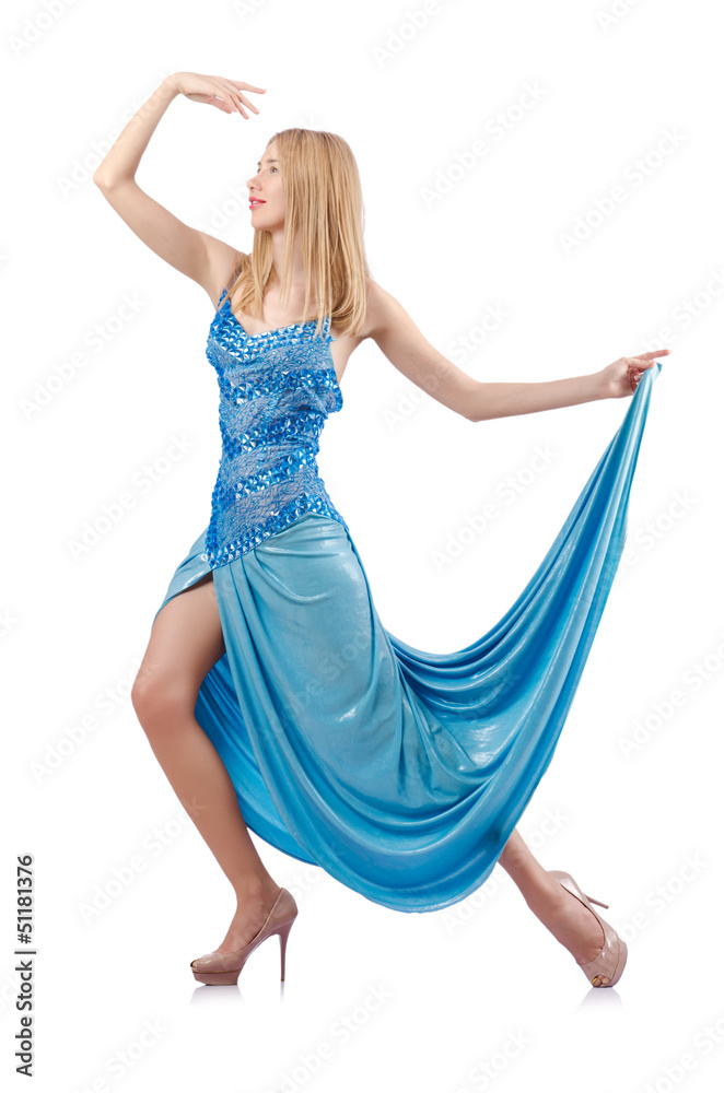 Naklejka premium Attractive woman in blue dress on white