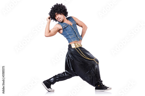 Rap dancer in wide pants on white