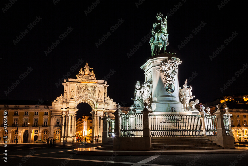 King Jose I and Rue Augusta arch at night, Lisbon