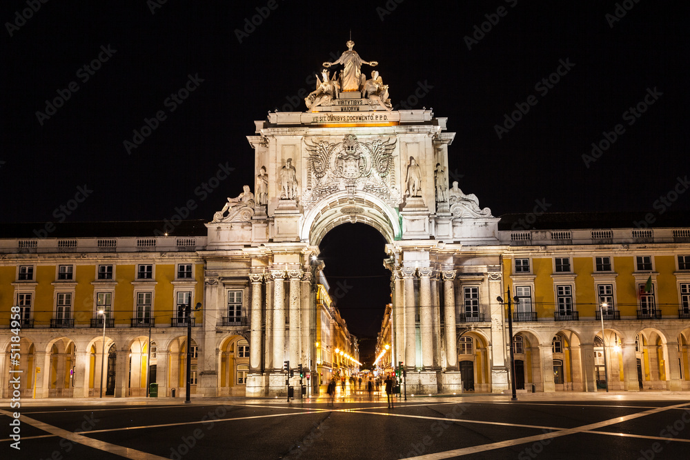 Rue Augusta arch in Commerce square at night. Lisbon