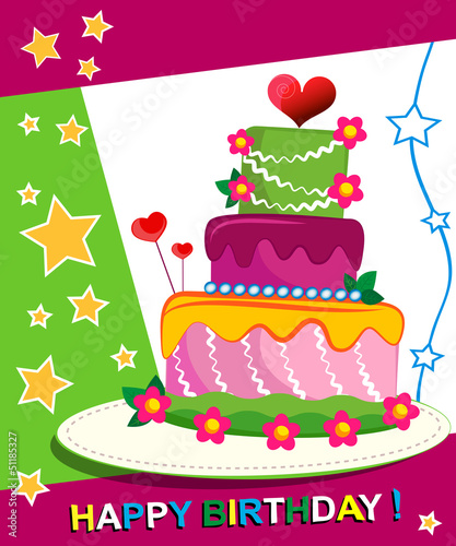 Birthday Cake. Children postcard. Day of birth.