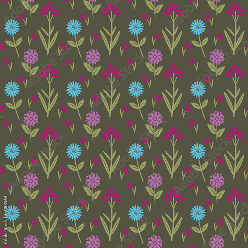 Seamless floral pattern with blue and purple flowers