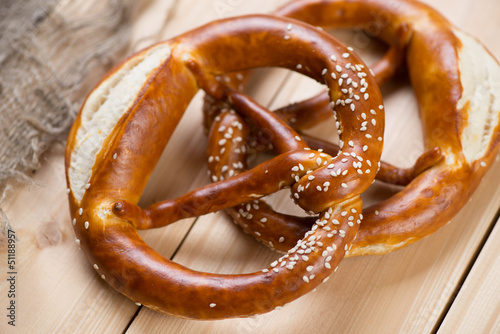 Freshly baked pretzels or brezels, close-up