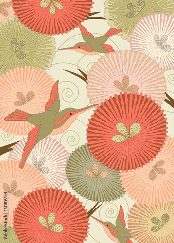 Ornamental pattern with birds and flowers in Japanese style