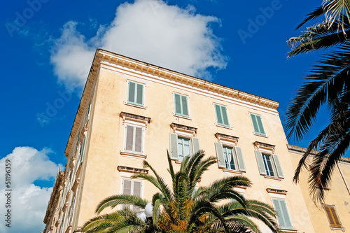 building and palms