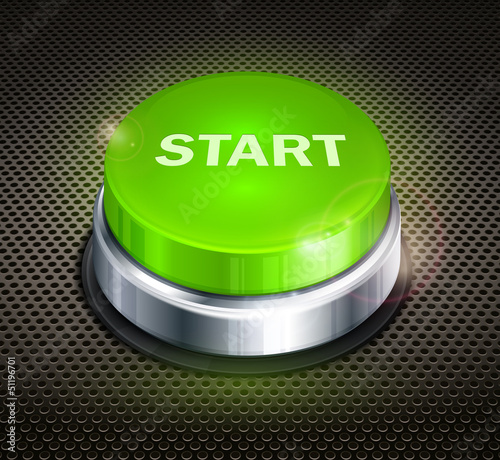 Green button with words start on black background, vector