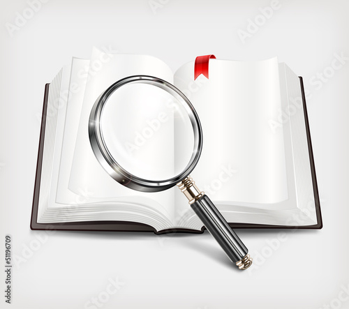 Open book and magnifying glass on white background, vector