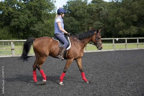 Woman rider exercising a horse in a paddock