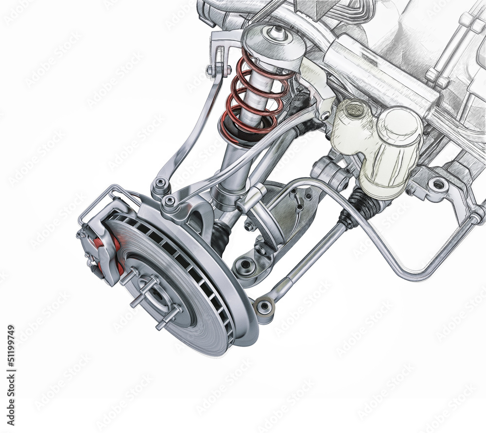Multi link front car suspension, with brake. Photorealistic 3 D - obrazy, fototapety, plakaty 