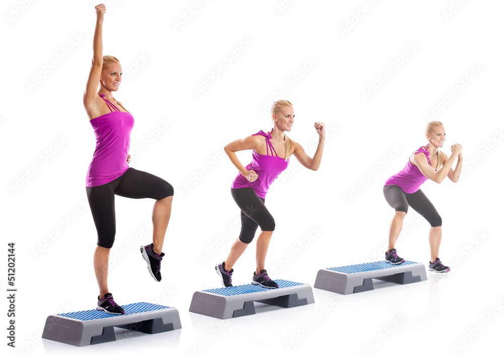 woman step aerobics exercise - obrazy, fototapety, plakaty 